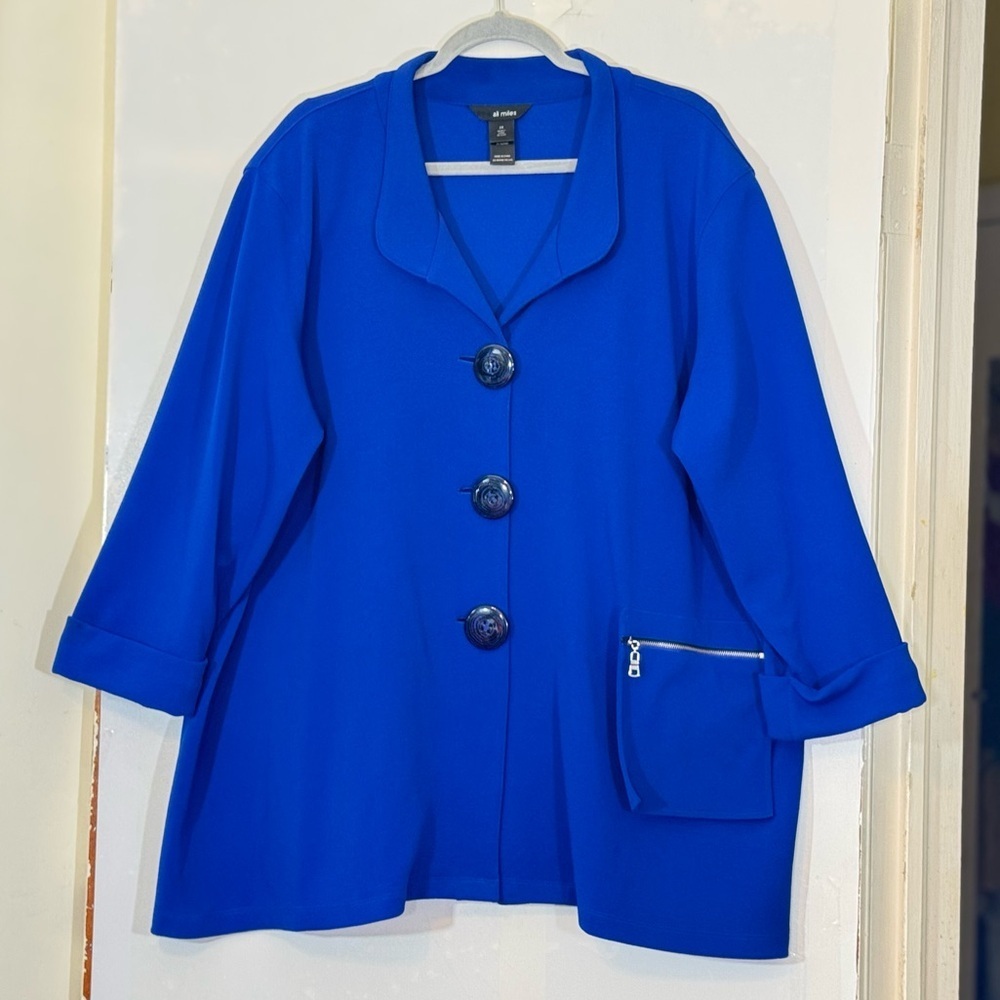 Ali Miles Blue Lagenlook Art To Wear Button Down Tunic‎ Blouse Jacket Top